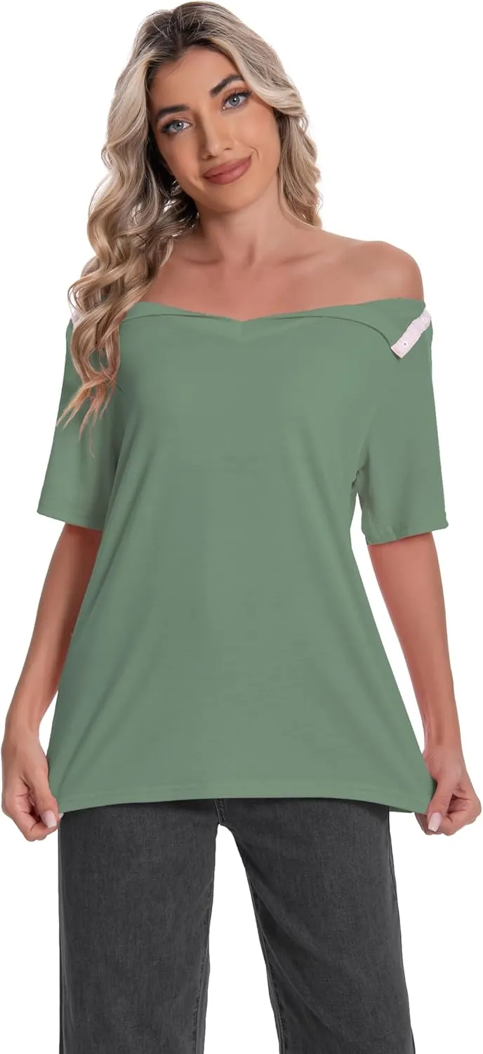 Post Shoulder Surgery Shirt for Women Short Sleeve V Neck Rotator Cuff Broken Arm Recovery Must Haves Clothing Comfy Shirts