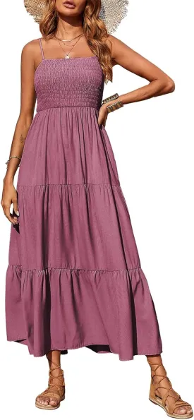 PRETTYGARDEN Women's Summer Maxi Dress 2025 Casual Boho Sleeveless Spaghetti Strap Smocked Tiered Long Beach Sundresses