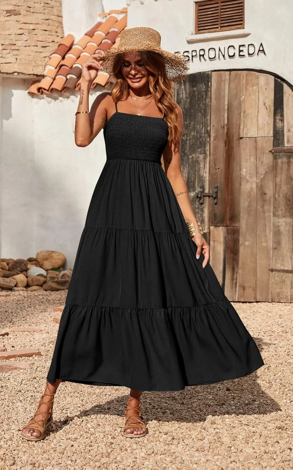 PRETTYGARDEN Women's Summer Maxi Dress 2025 Casual Boho Sleeveless Spaghetti Strap Smocked Tiered Long Beach Sundresses