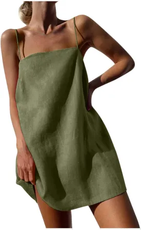 Sleeveless Slip Off Shoulder for Women Fall Summer Linen Mini Short Loose Fit Plain Dresses Women 2025 Trendy Y2K