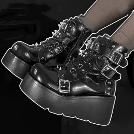 Sohiwoo Rivets Decor Chunky Platform Punk Ankle Boots Women Winter Pu Leather Black Boots Woman Metal Buckle Gothic Shoes