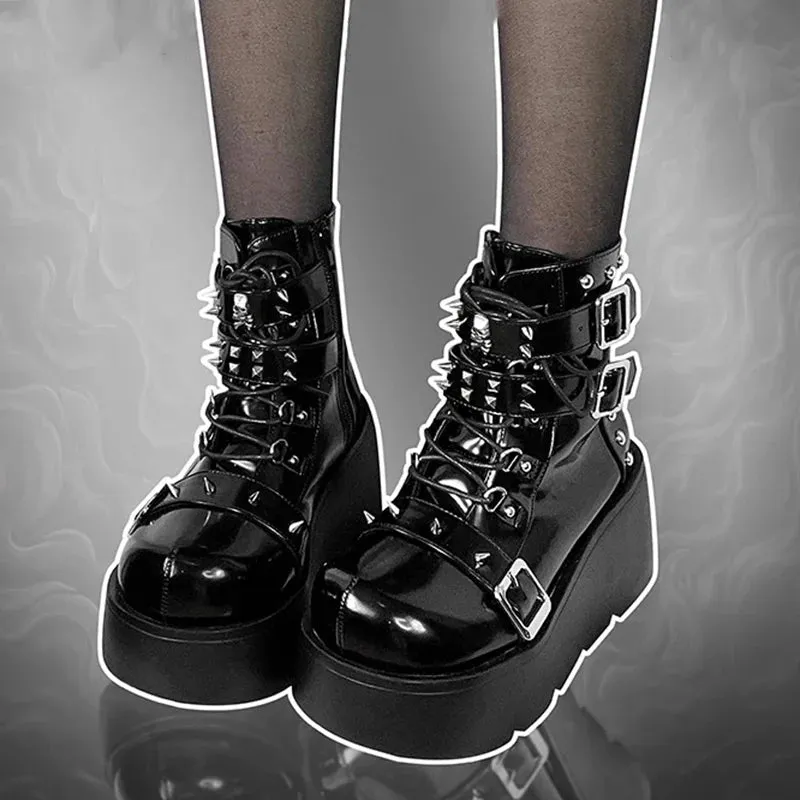 Sohiwoo Rivets Decor Chunky Platform Punk Ankle Boots Women Winter Pu Leather Black Boots Woman Metal Buckle Gothic Shoes