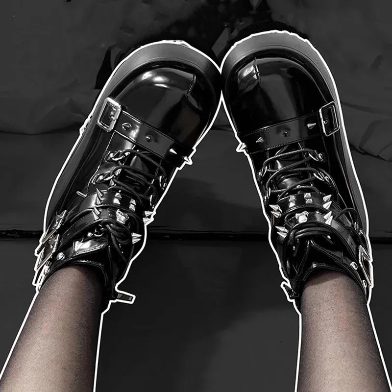 Sohiwoo Rivets Decor Chunky Platform Punk Ankle Boots Women Winter Pu Leather Black Boots Woman Metal Buckle Gothic Shoes