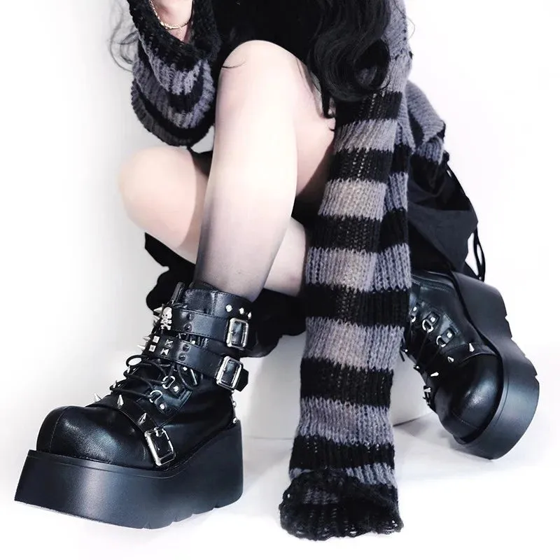 Sohiwoo Rivets Decor Chunky Platform Punk Ankle Boots Women Winter Pu Leather Black Boots Woman Metal Buckle Gothic Shoes