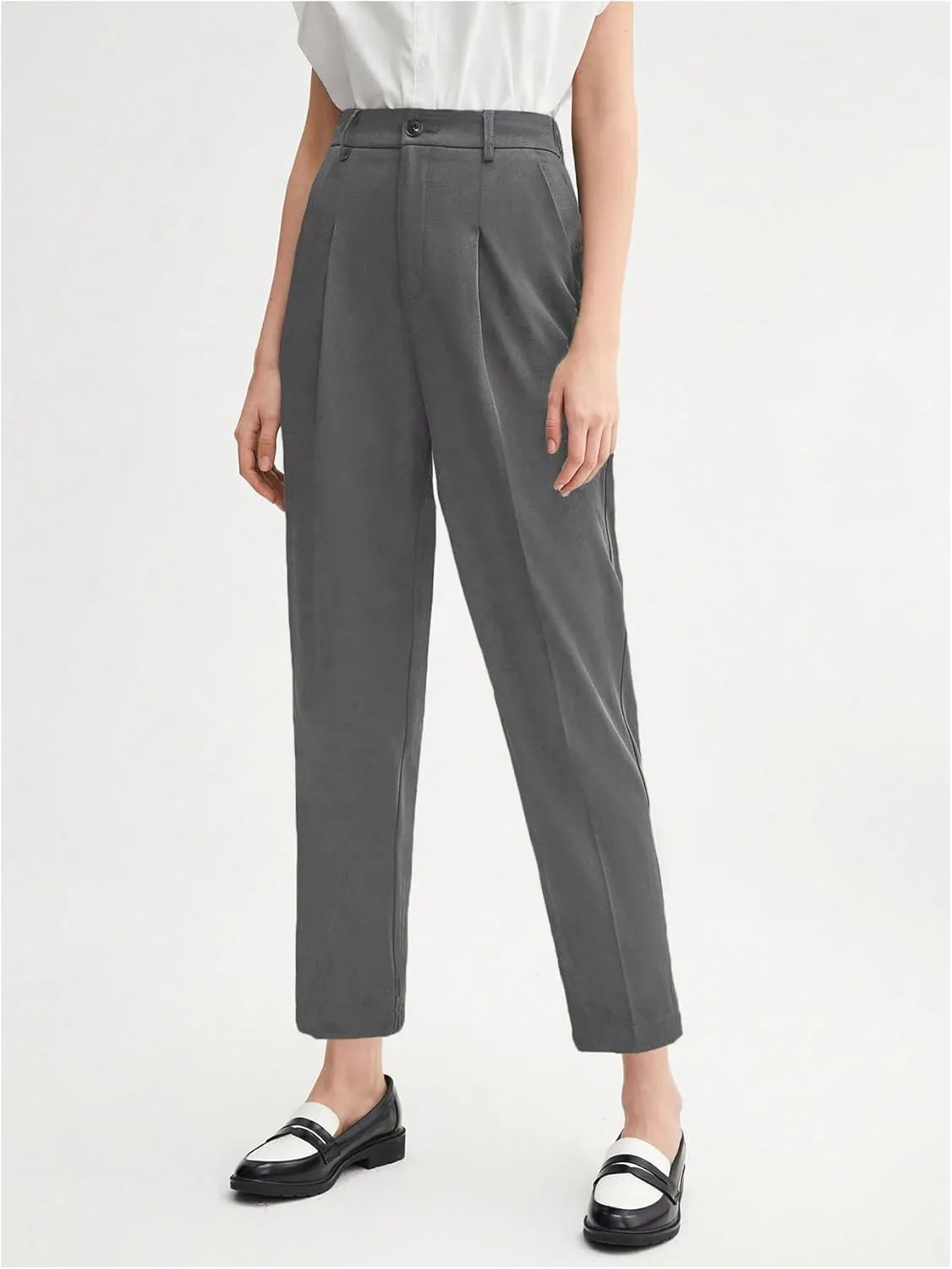 SweatyRocks Women's Casual High Waist Loose Straight Leg Cropped Work Pants Trousers with Pocket