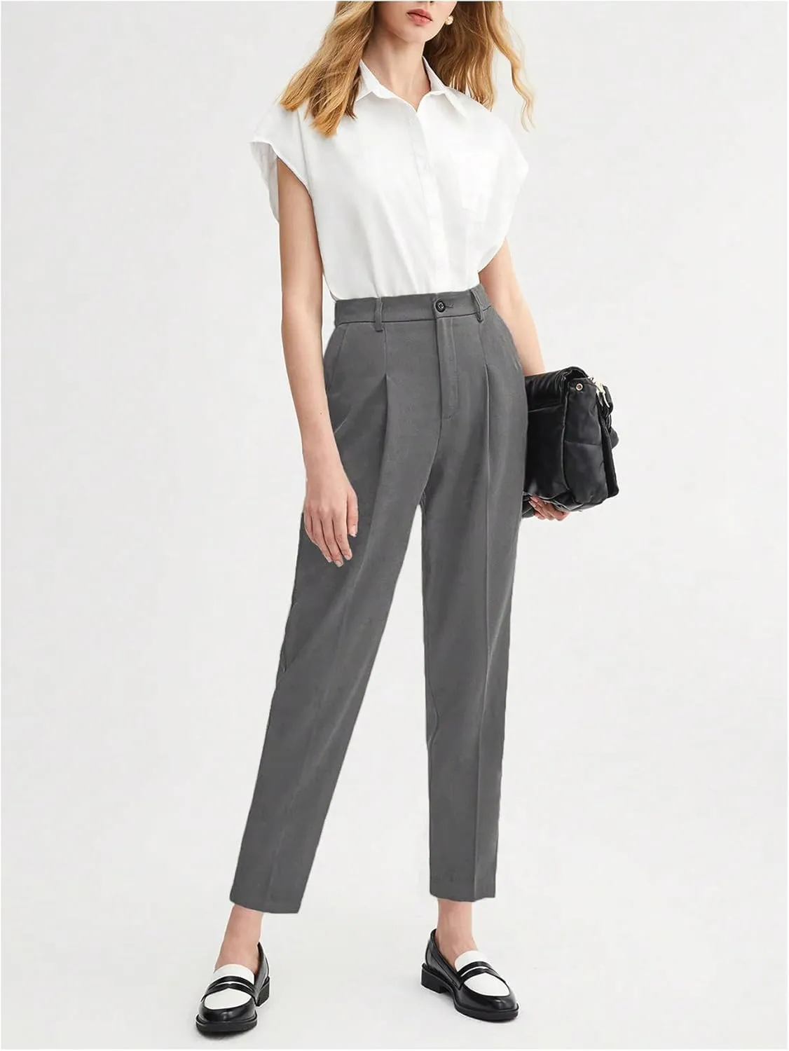 SweatyRocks Women's Casual High Waist Loose Straight Leg Cropped Work Pants Trousers with Pocket