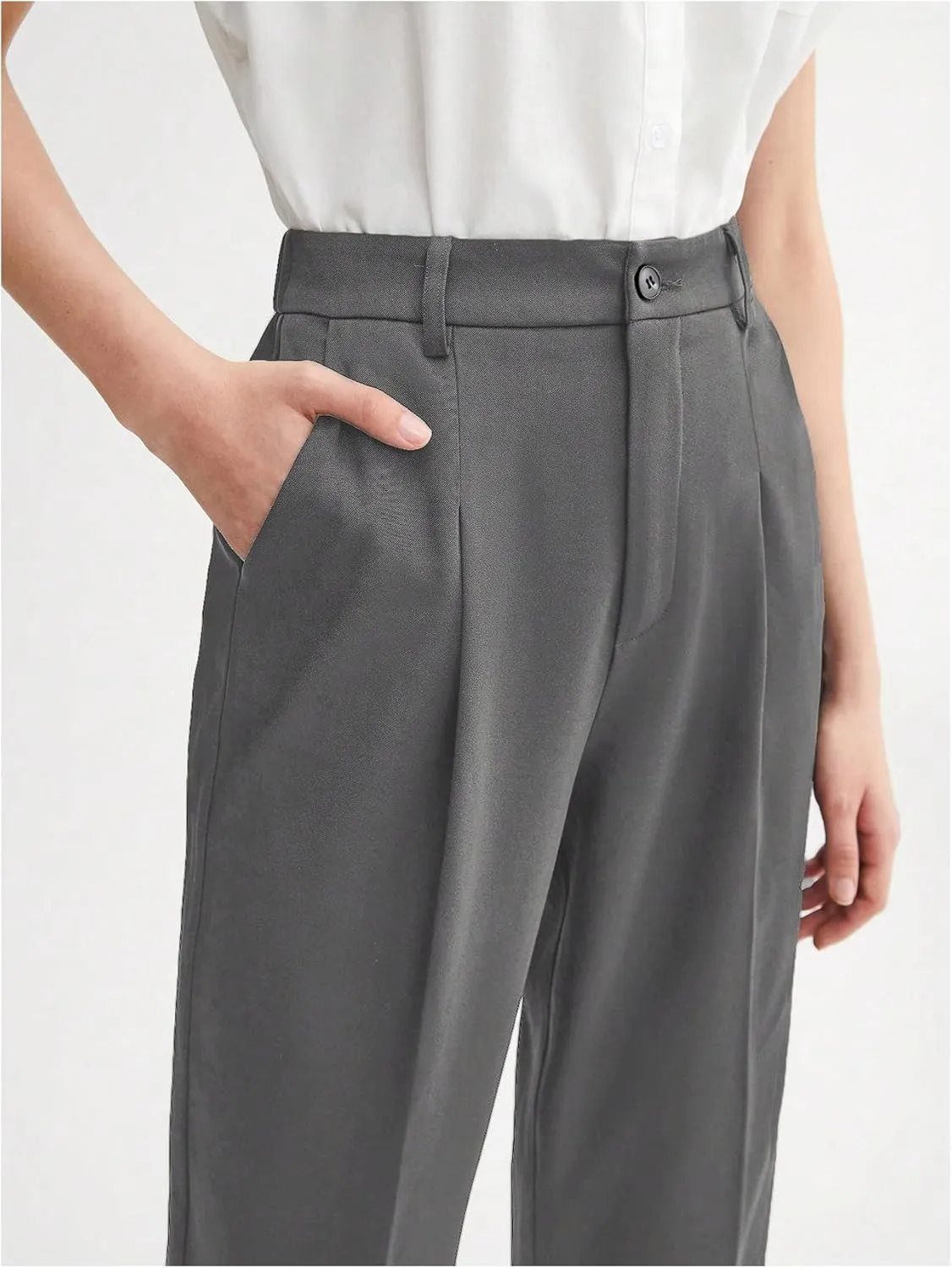 SweatyRocks Women's Casual High Waist Loose Straight Leg Cropped Work Pants Trousers with Pocket