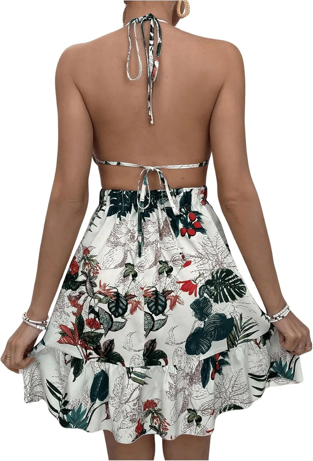SweatyRocks Women's Deep V Neck Halter Sleeveless Mini Dress Backless Boho Floral Print Ruffle Hem Flare Dresses