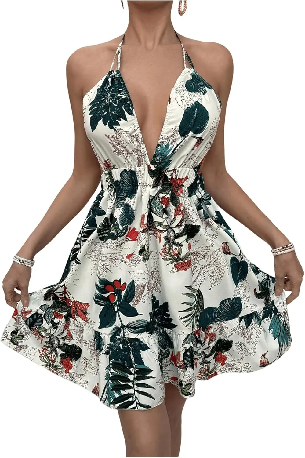 SweatyRocks Women's Deep V Neck Halter Sleeveless Mini Dress Backless Boho Floral Print Ruffle Hem Flare Dresses