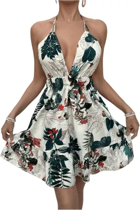 SweatyRocks Women's Deep V Neck Halter Sleeveless Mini Dress Backless Boho Floral Print Ruffle Hem Flare Dresses