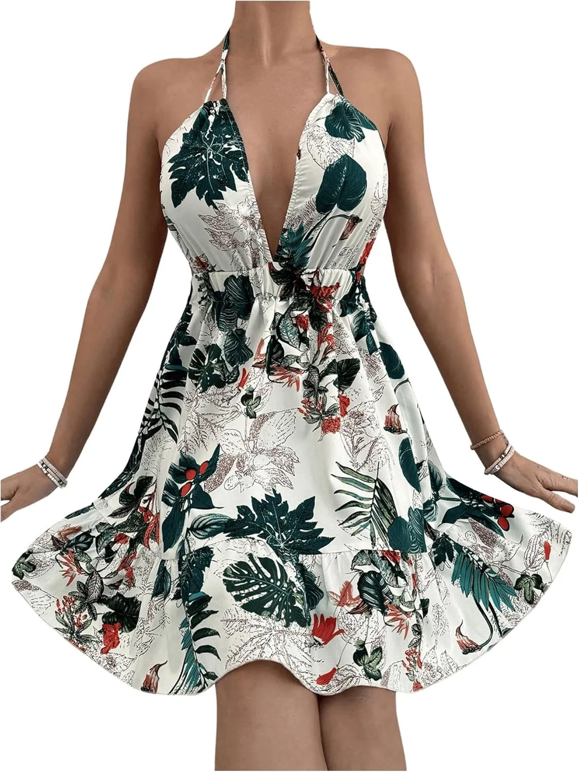 SweatyRocks Women's Deep V Neck Halter Sleeveless Mini Dress Backless Boho Floral Print Ruffle Hem Flare Dresses