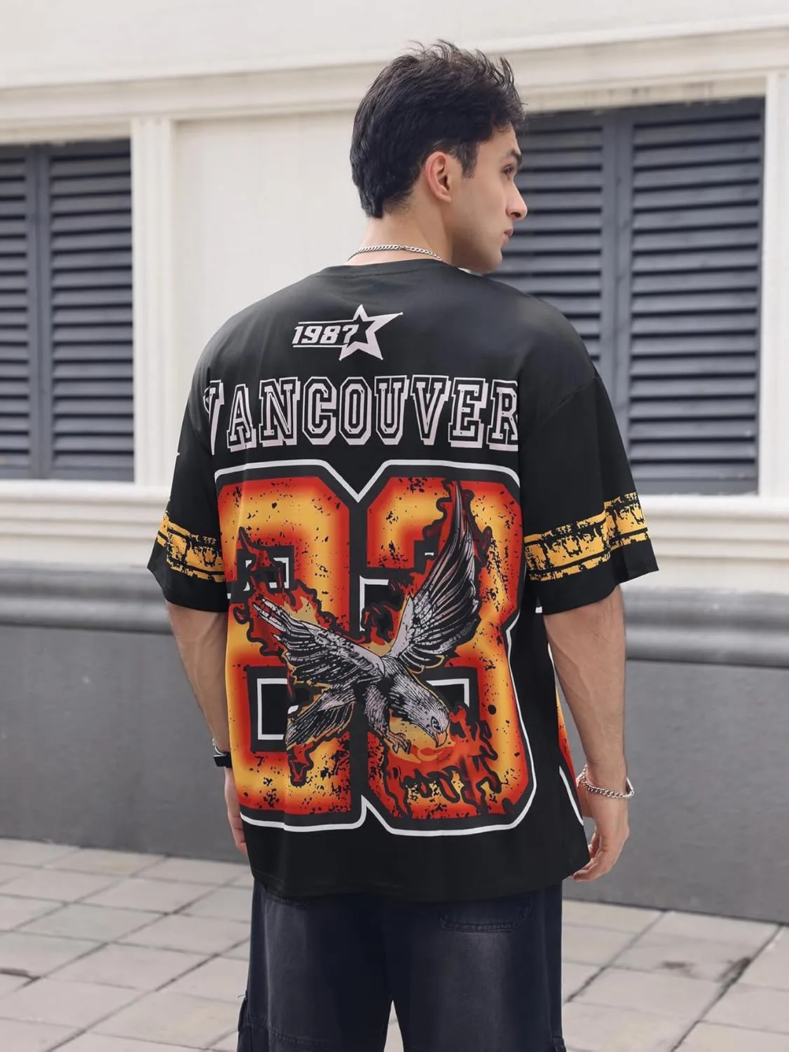 WDIRARA Men's Eagle Letter Graphic Street T Shirt Oversized Short Sleeve Crewneck Tee Top