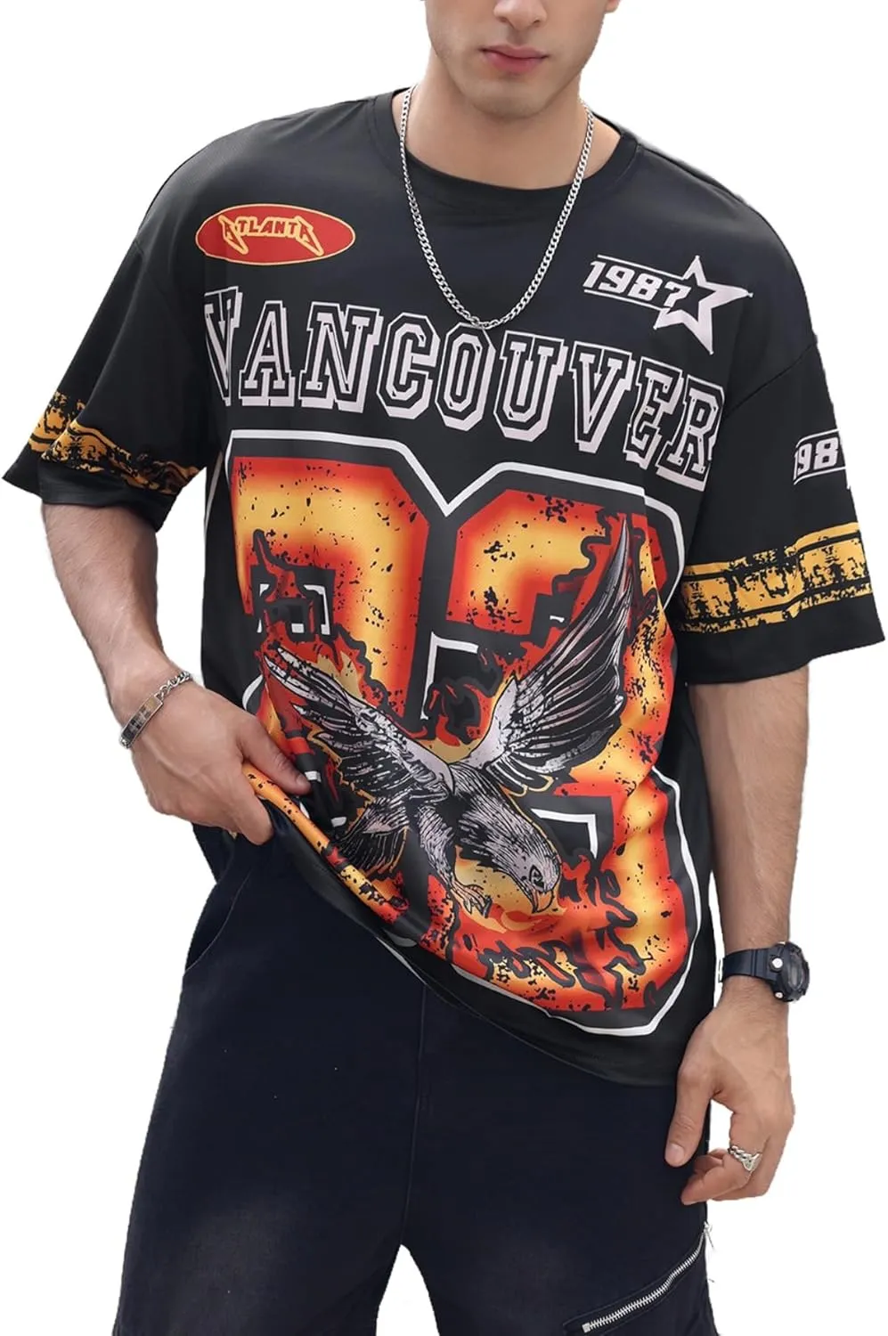 WDIRARA Men's Eagle Letter Graphic Street T Shirt Oversized Short Sleeve Crewneck Tee Top