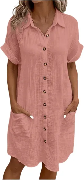 Womens Cotton Linen Shirt Dresses 2025 Summer Short Sleeve Button Down Midi Dress Knee Length Beach Dress with Pockets