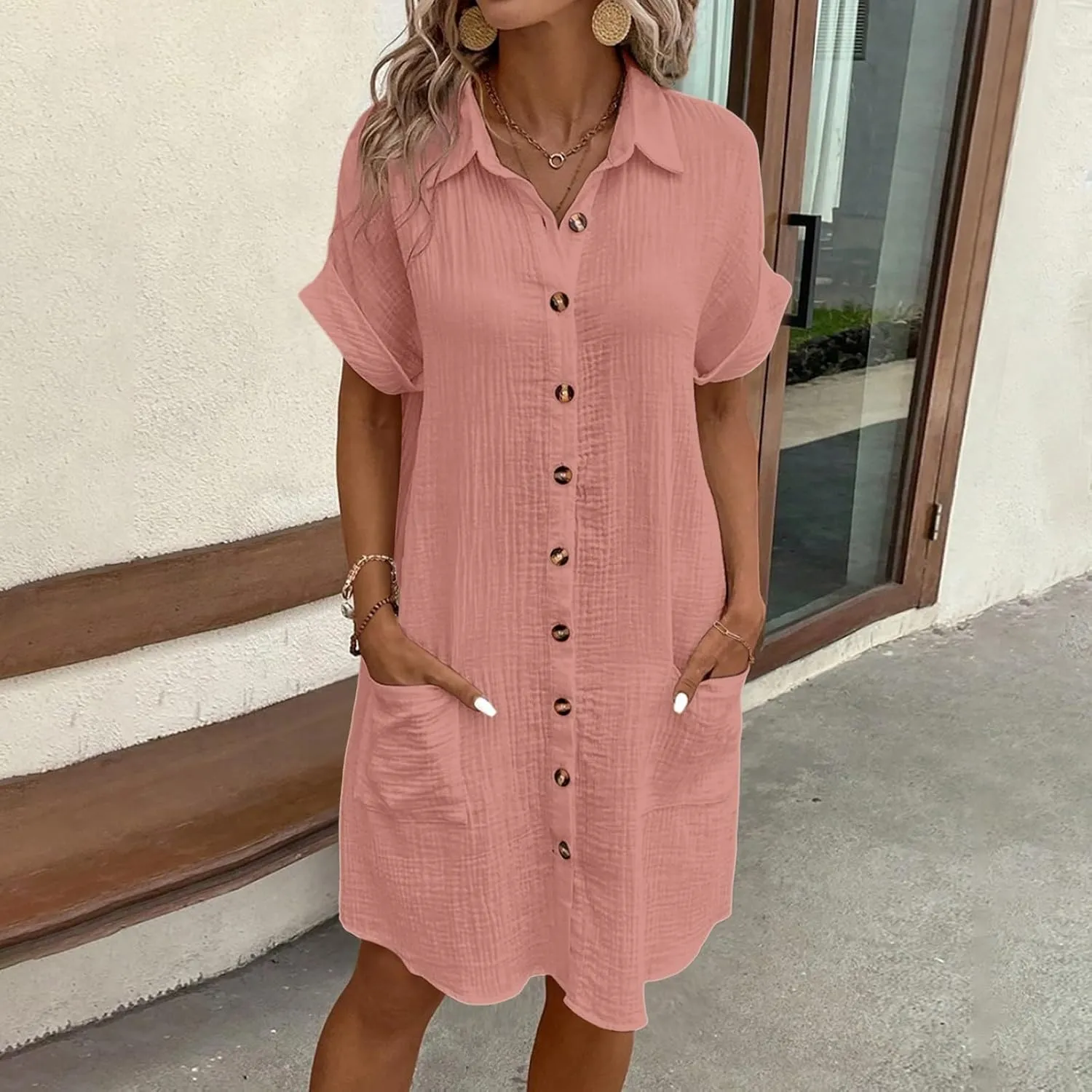Womens Cotton Linen Shirt Dresses 2025 Summer Short Sleeve Button Down Midi Dress Knee Length Beach Dress with Pockets