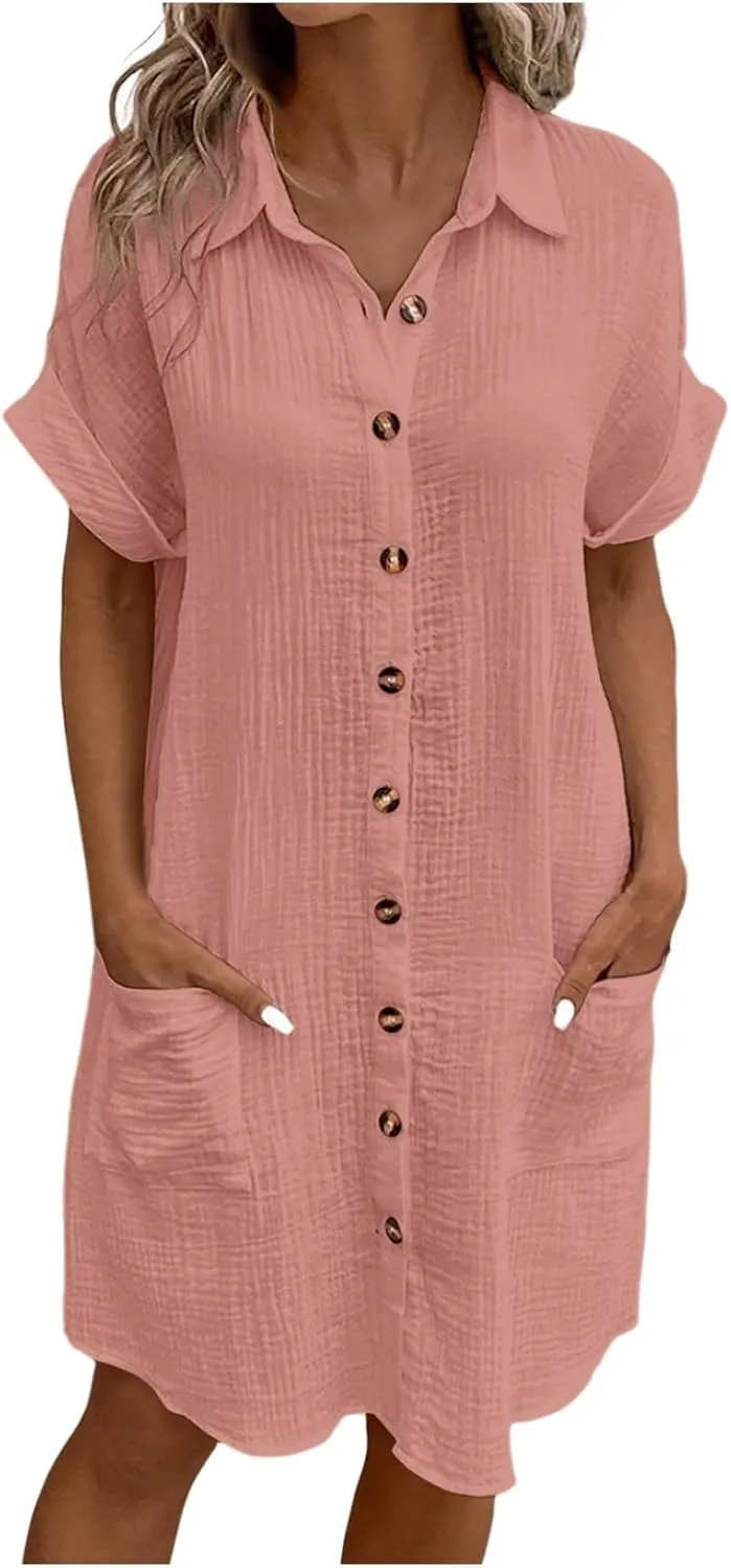 Womens Cotton Linen Shirt Dresses 2025 Summer Short Sleeve Button Down Midi Dress Knee Length Beach Dress with Pockets