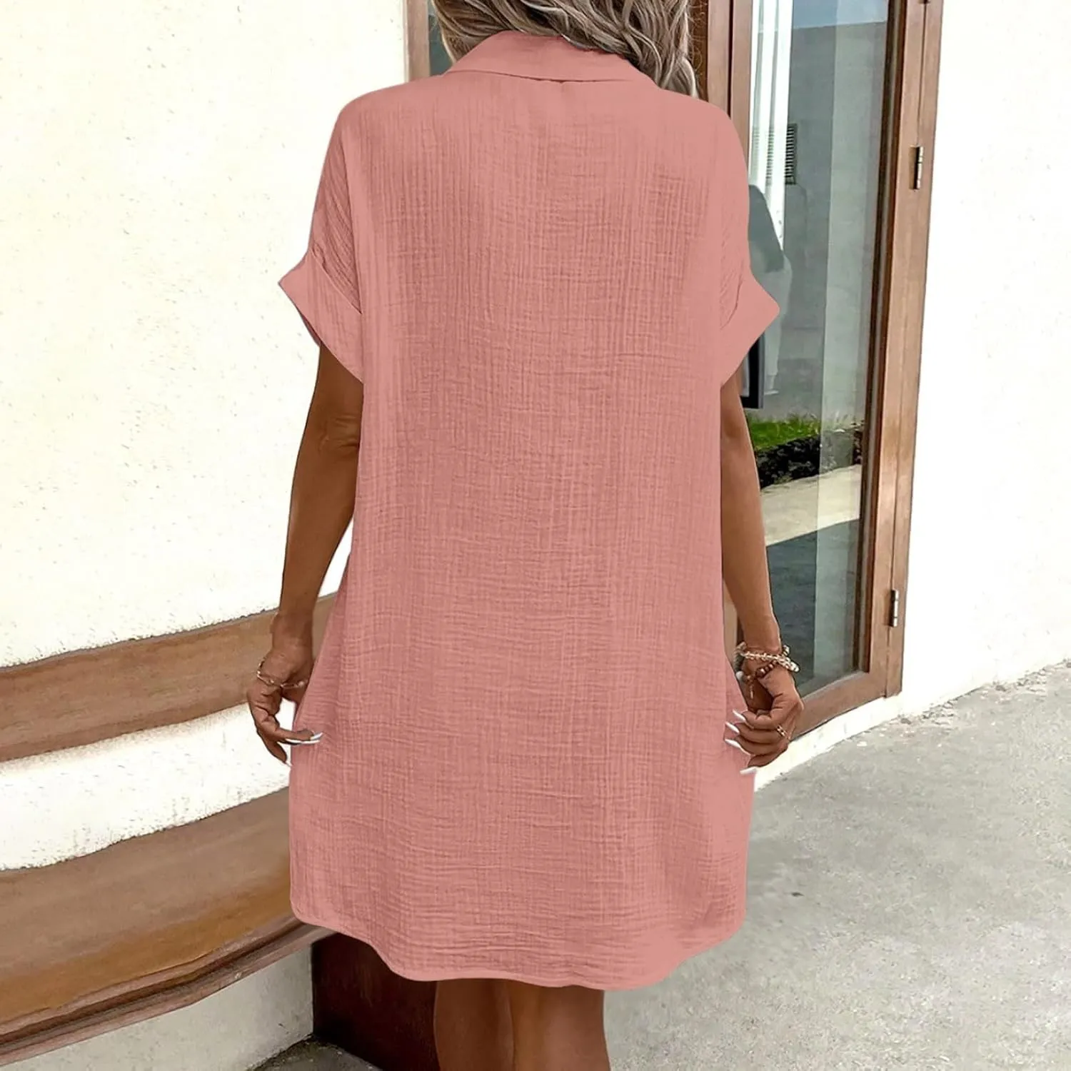 Womens Cotton Linen Shirt Dresses 2025 Summer Short Sleeve Button Down Midi Dress Knee Length Beach Dress with Pockets