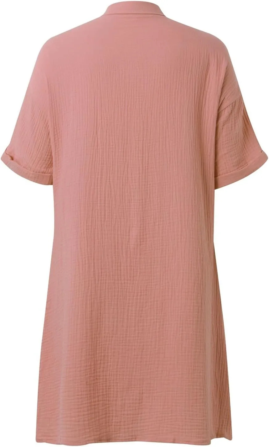 Womens Cotton Linen Shirt Dresses 2025 Summer Short Sleeve Button Down Midi Dress Knee Length Beach Dress with Pockets