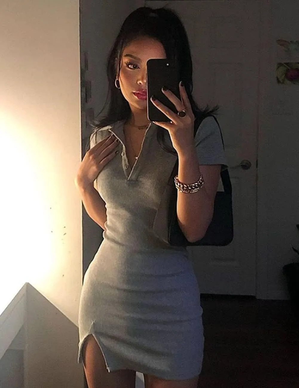 Women's Easy Classic Ribbed Summer Stretchy Bodycon Casual Slit Mini Polo Dress