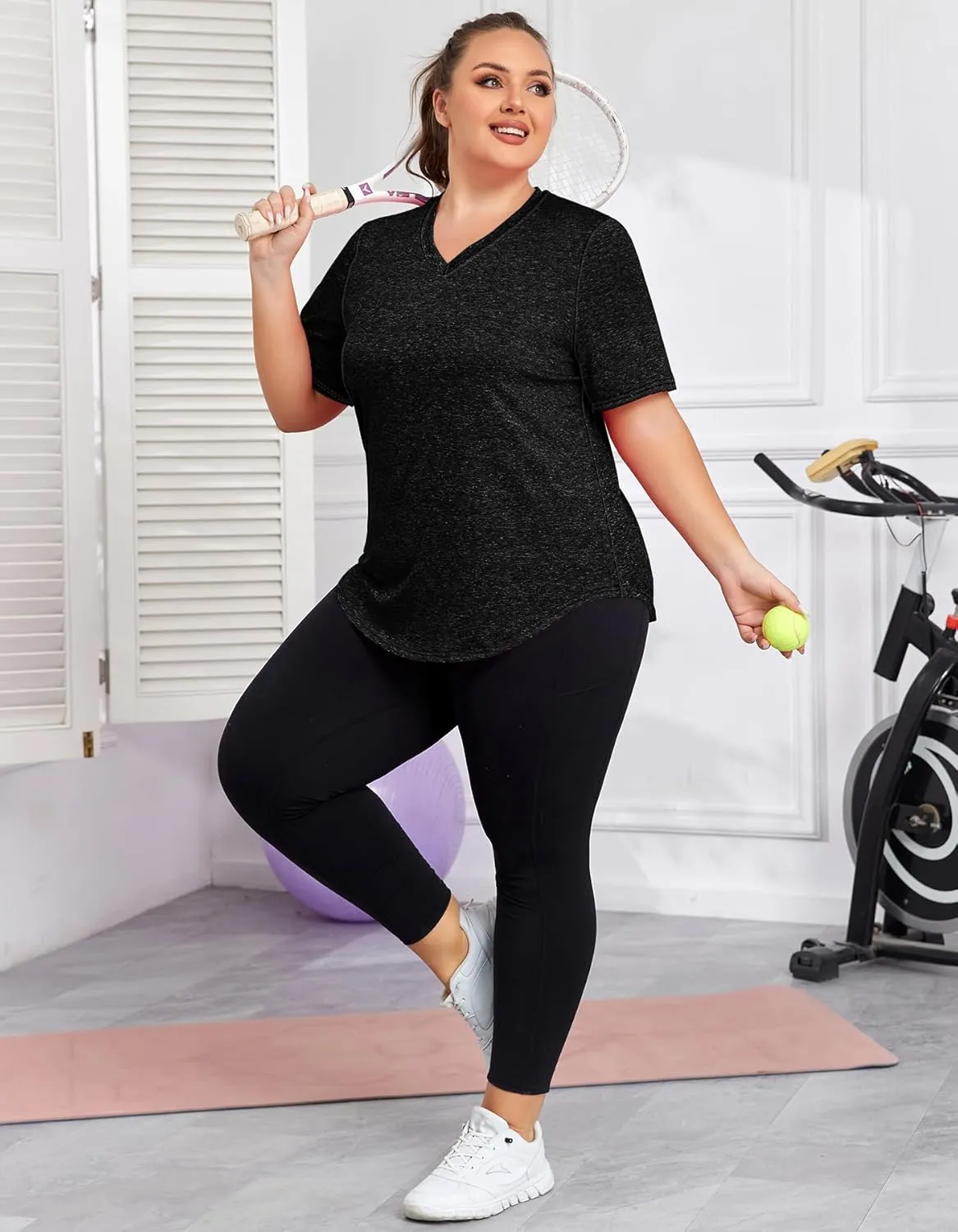Women's Plus Size Workout Tops V Neck T Shirts Loose Fit Yoga Clothing Summer Sport Tee XL - 5XL