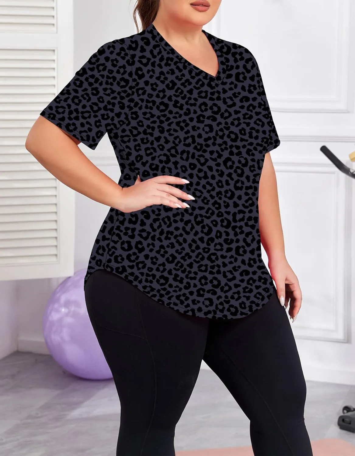 Women's Plus Size Workout Tops V Neck T Shirts Loose Fit Yoga Clothing Summer Sport Tee XL - 5XL