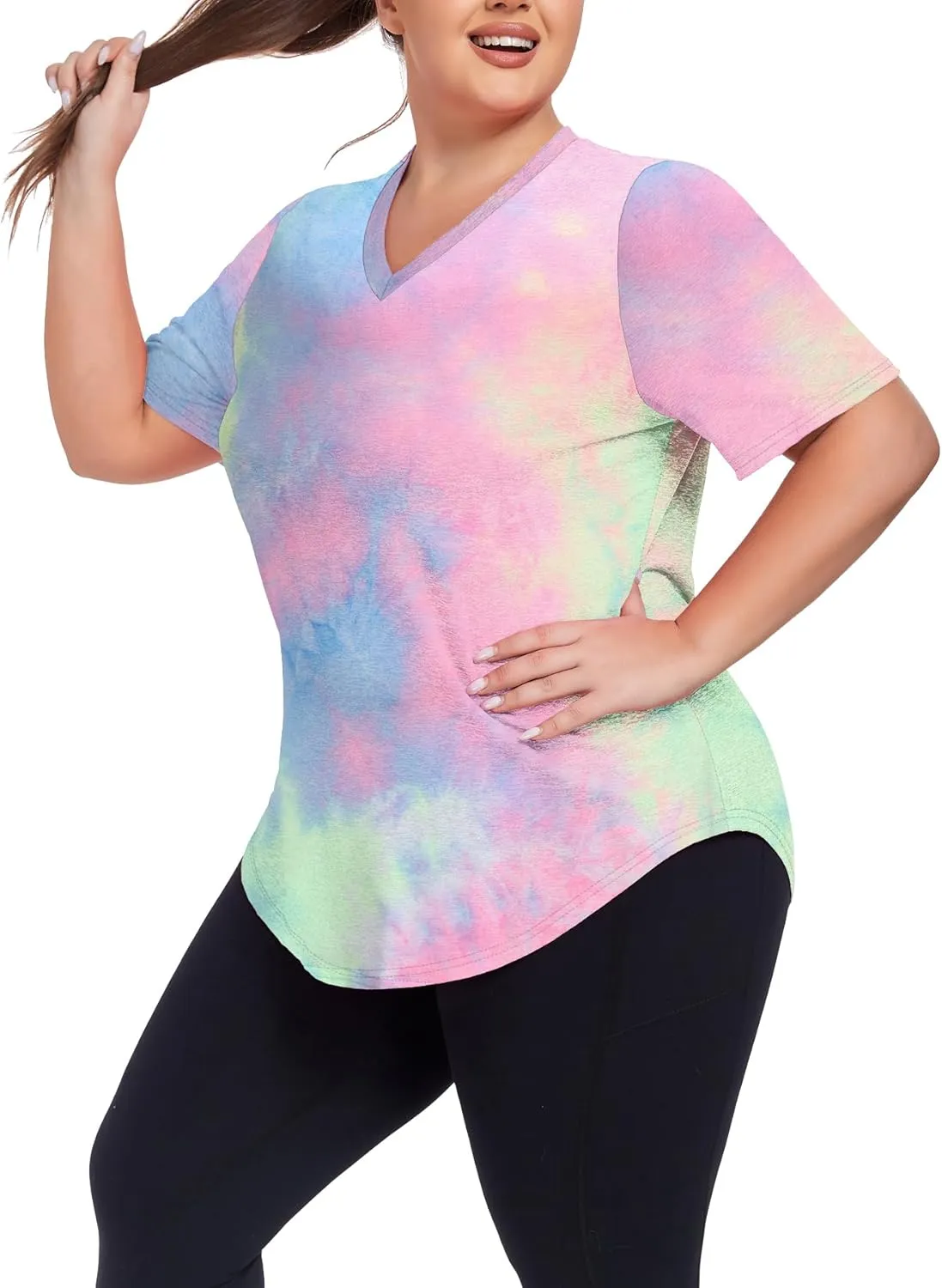 Women's Plus Size Workout Tops V Neck T Shirts Loose Fit Yoga Clothing Summer Sport Tee XL - 5XL