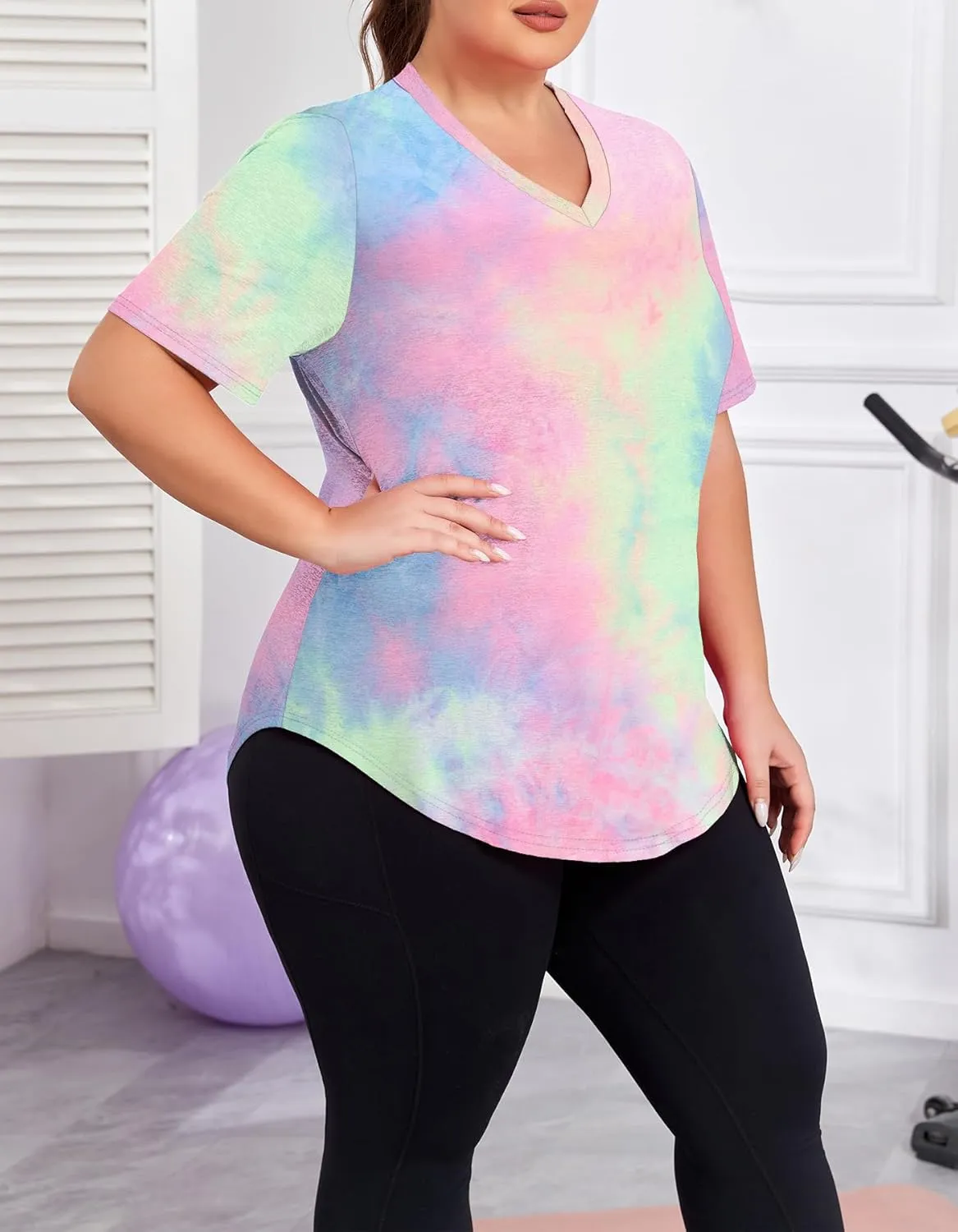 Women's Plus Size Workout Tops V Neck T Shirts Loose Fit Yoga Clothing Summer Sport Tee XL - 5XL