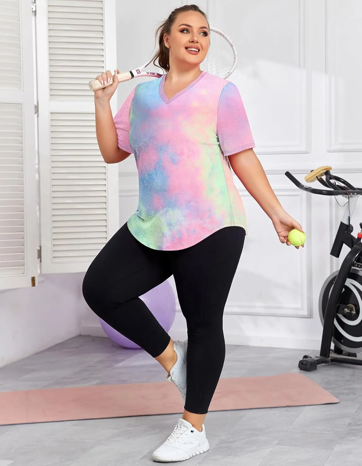 Women's Plus Size Workout Tops V Neck T Shirts Loose Fit Yoga Clothing Summer Sport Tee XL - 5XL
