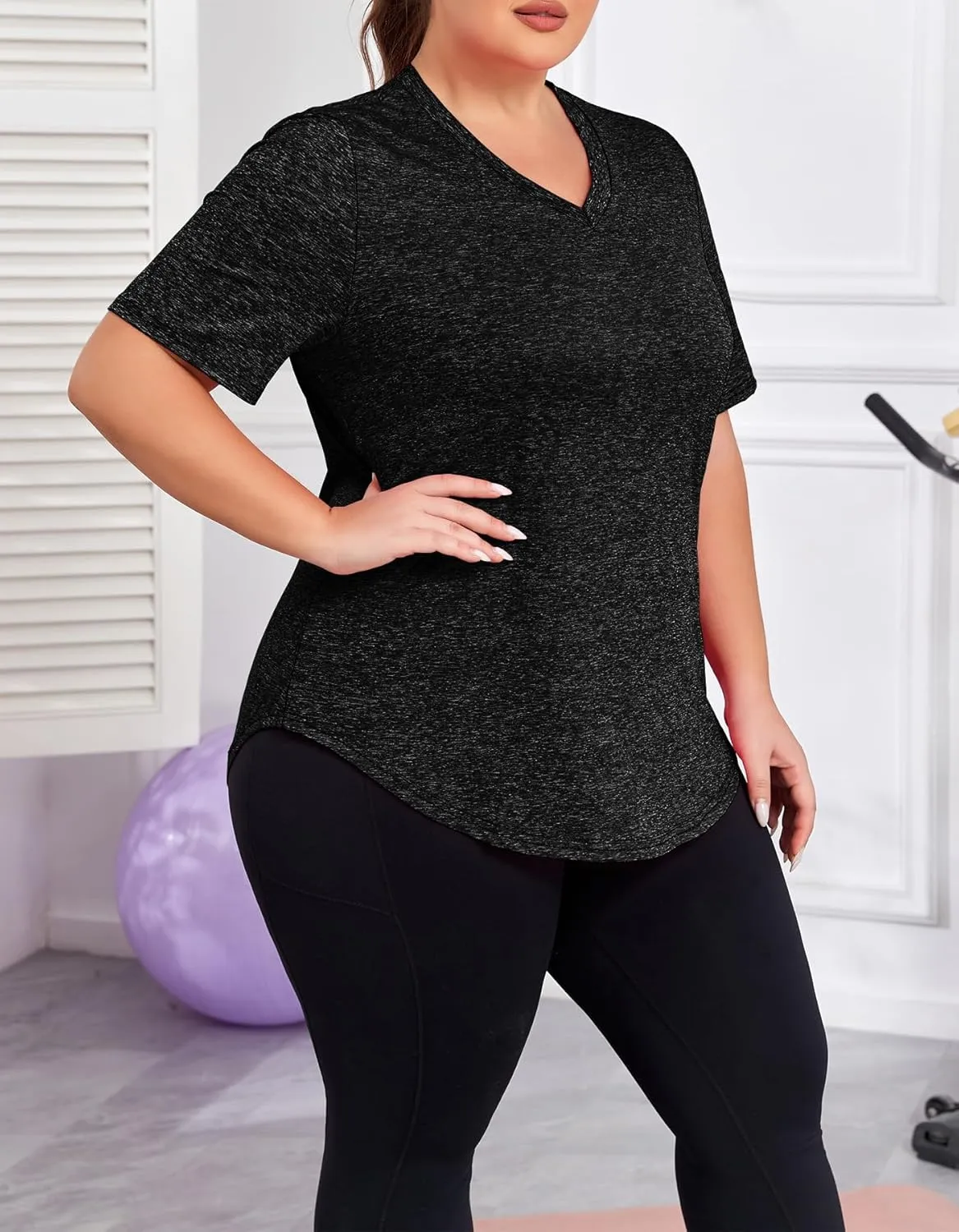 Women's Plus Size Workout Tops V Neck T Shirts Loose Fit Yoga Clothing Summer Sport Tee XL - 5XL