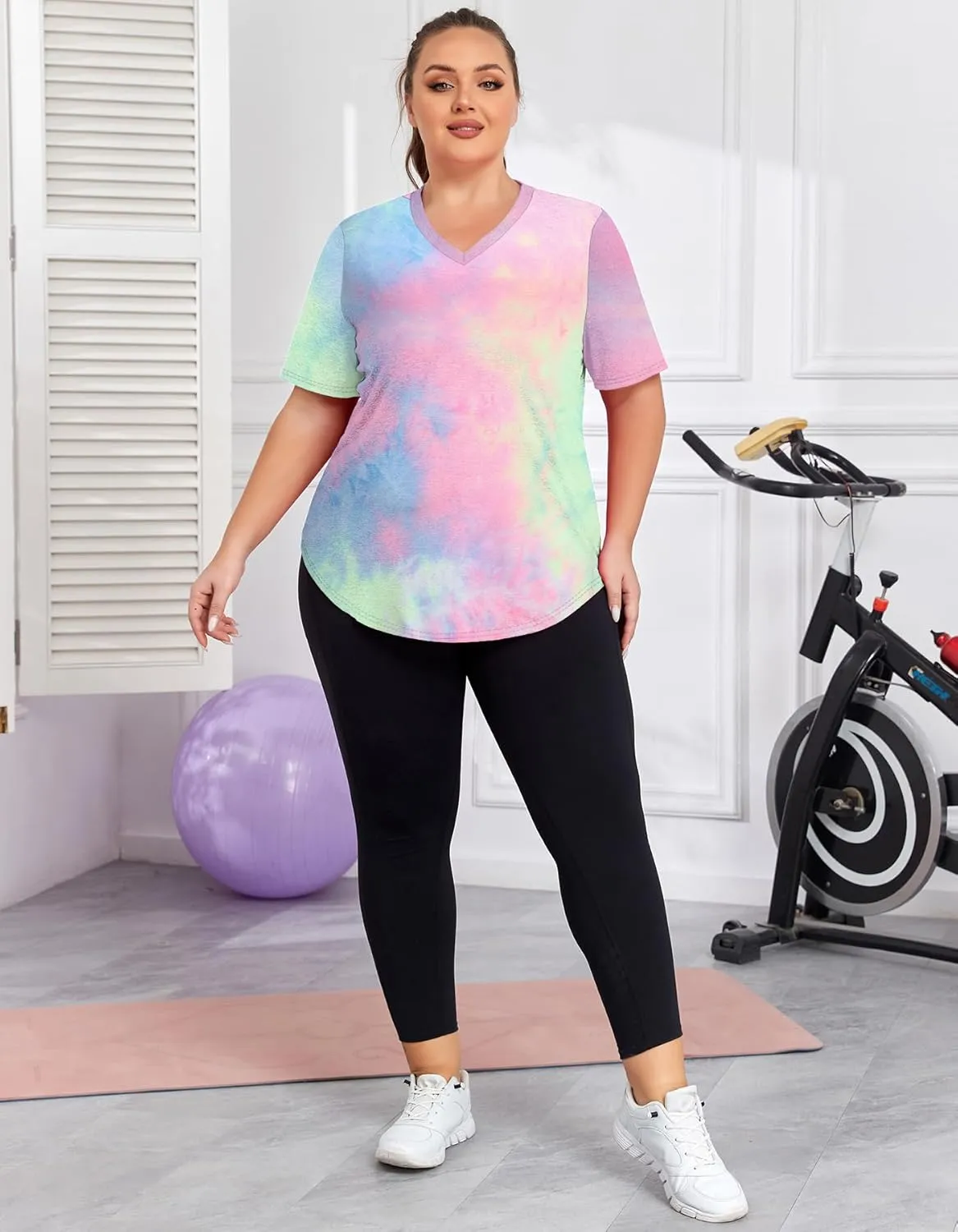 Women's Plus Size Workout Tops V Neck T Shirts Loose Fit Yoga Clothing Summer Sport Tee XL - 5XL