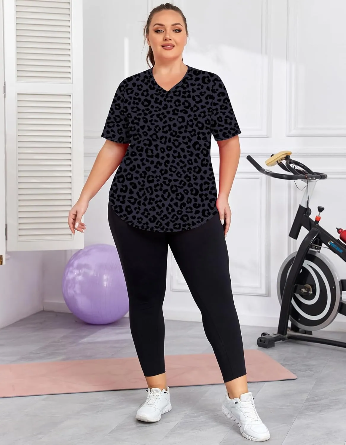 Women's Plus Size Workout Tops V Neck T Shirts Loose Fit Yoga Clothing Summer Sport Tee XL - 5XL