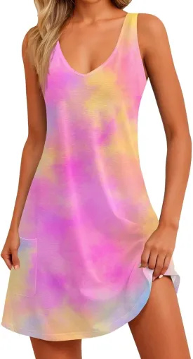 Womens Summer Dresses Printed Sleeveless Sundress Vacation Beach Dress with Pocket V Neck Casual Swimsuit Coverup
