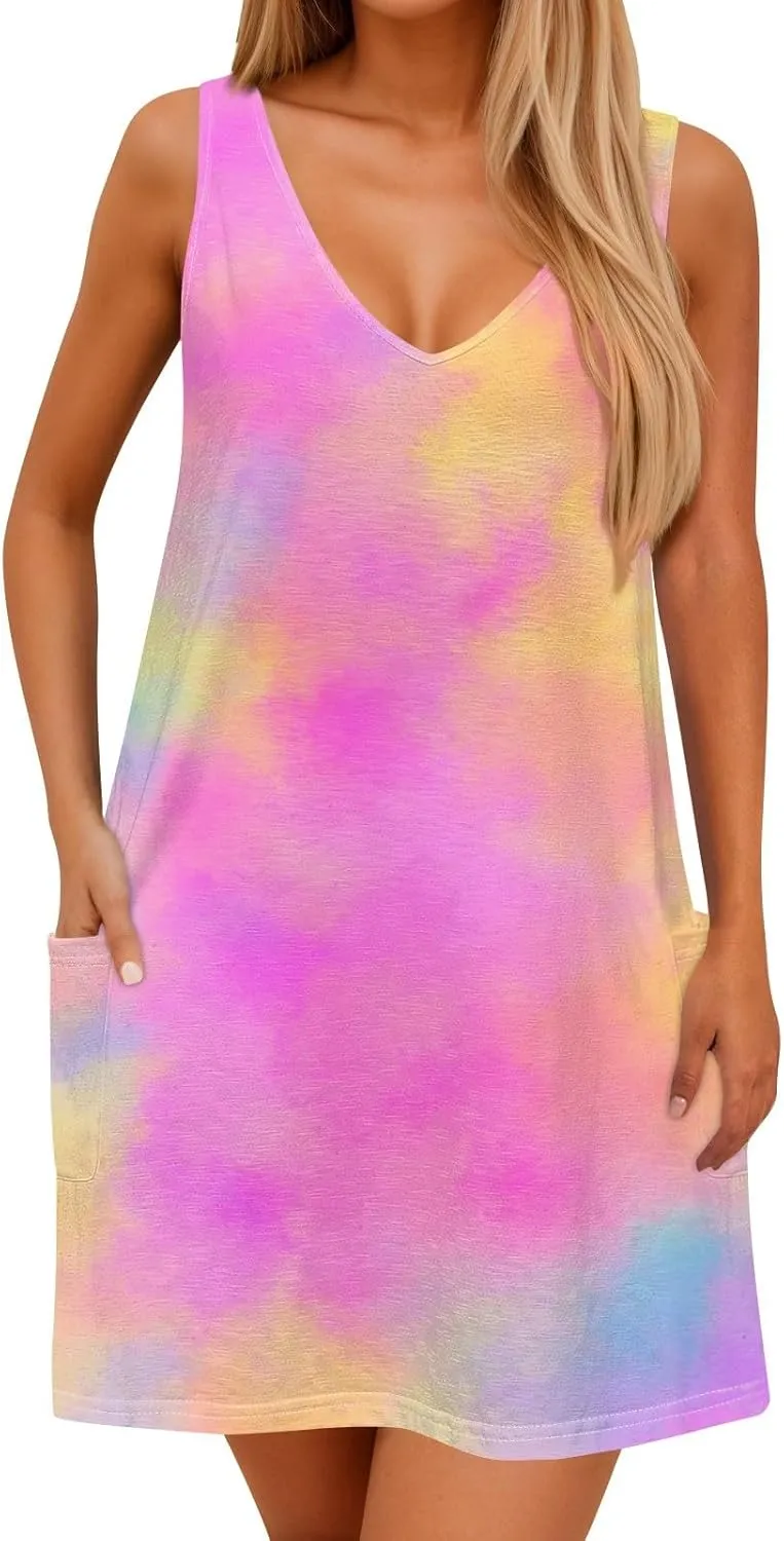 Womens Summer Dresses Printed Sleeveless Sundress Vacation Beach Dress with Pocket V Neck Casual Swimsuit Coverup