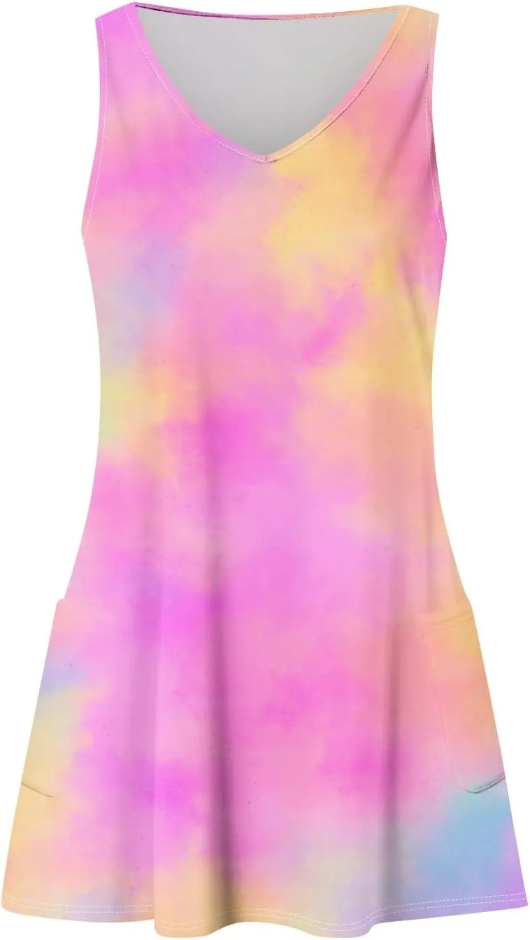 Womens Summer Dresses Printed Sleeveless Sundress Vacation Beach Dress with Pocket V Neck Casual Swimsuit Coverup