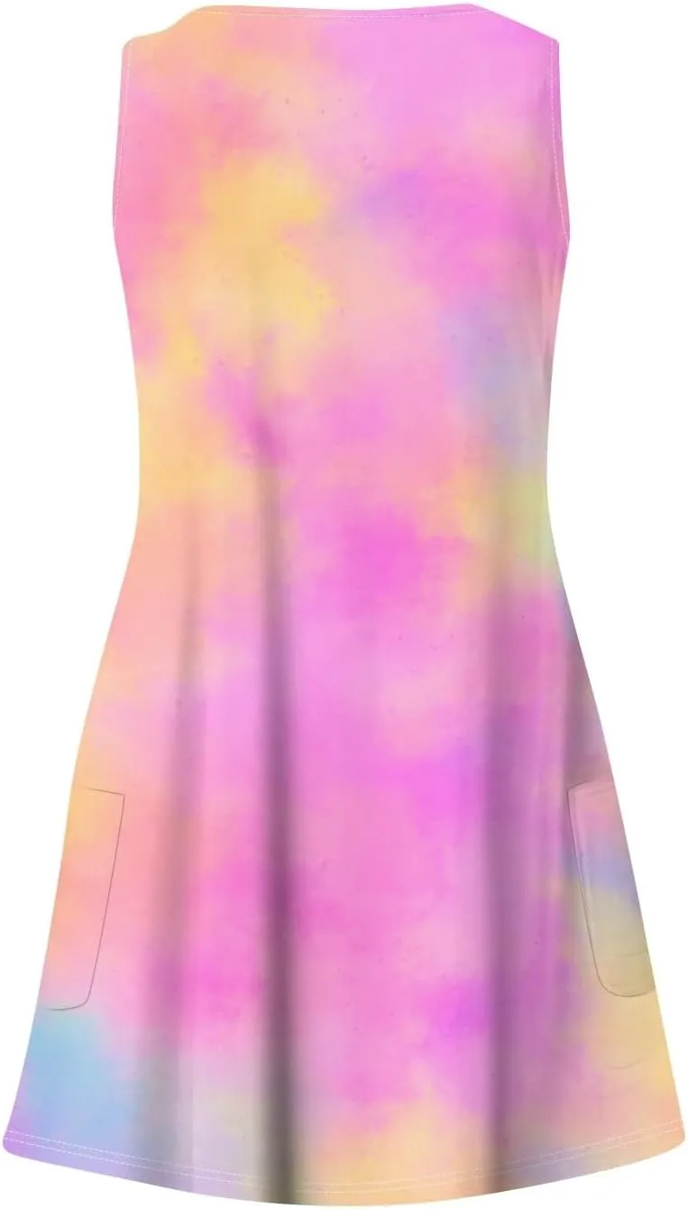 Womens Summer Dresses Printed Sleeveless Sundress Vacation Beach Dress with Pocket V Neck Casual Swimsuit Coverup