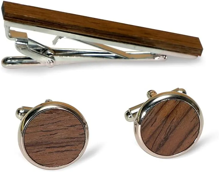 Wooden Tie Clip & Cufflink Set for Men - 2 Inch Tie Clip & Round Cufflinks with Gift Box - Formal Business Wedding