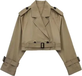 Xiaoxuemeng Womens Cropped Bike Jacket Casual Double Breasted Trench Coat with Belt