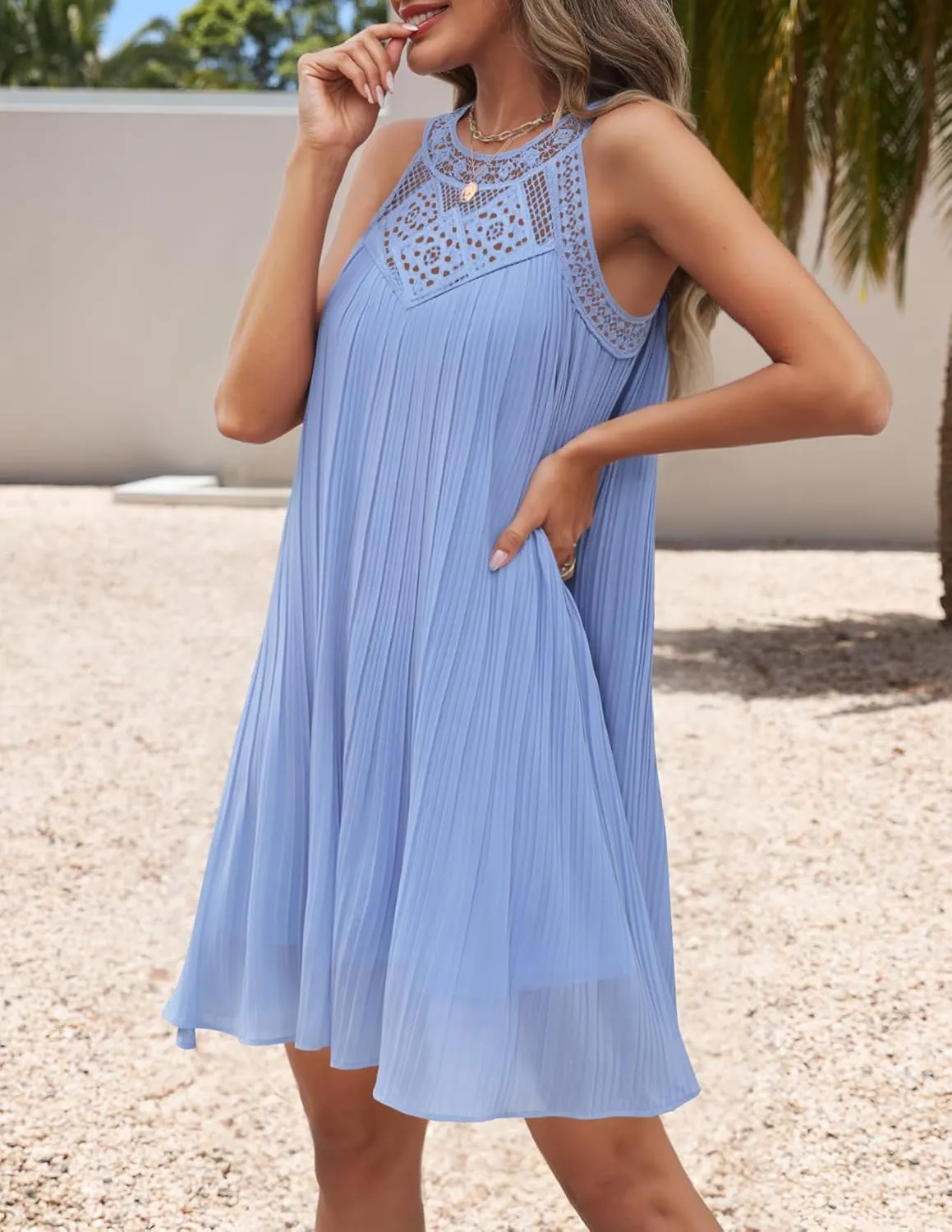 ZESICA Women's 2025 Summer Halter Chiffon Mini Dresses Sleeveless Hollow Out A Line Flowy Ruffle Beach Vacation Sundress