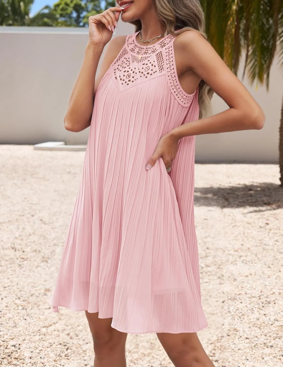 ZESICA Women's 2025 Summer Halter Chiffon Mini Dresses Sleeveless Hollow Out A Line Flowy Ruffle Beach Vacation Sundress