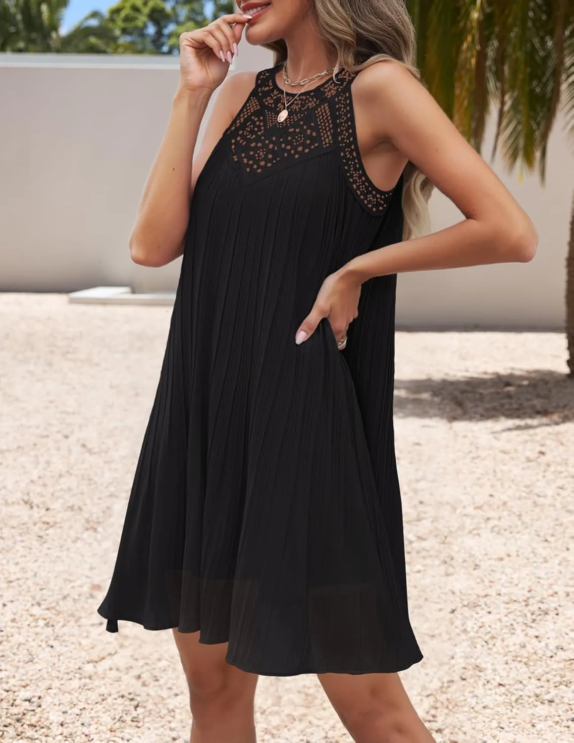 ZESICA Women's 2025 Summer Halter Chiffon Mini Dresses Sleeveless Hollow Out A Line Flowy Ruffle Beach Vacation Sundress