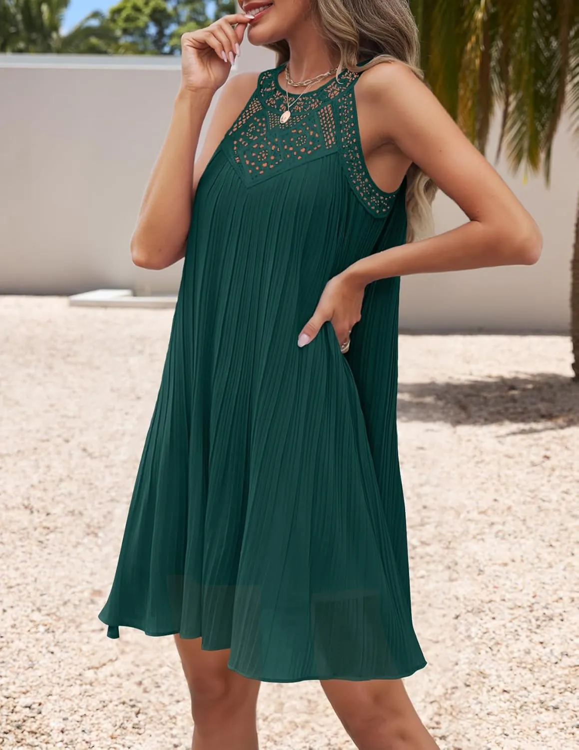 ZESICA Women's 2025 Summer Halter Chiffon Mini Dresses Sleeveless Hollow Out A Line Flowy Ruffle Beach Vacation Sundress